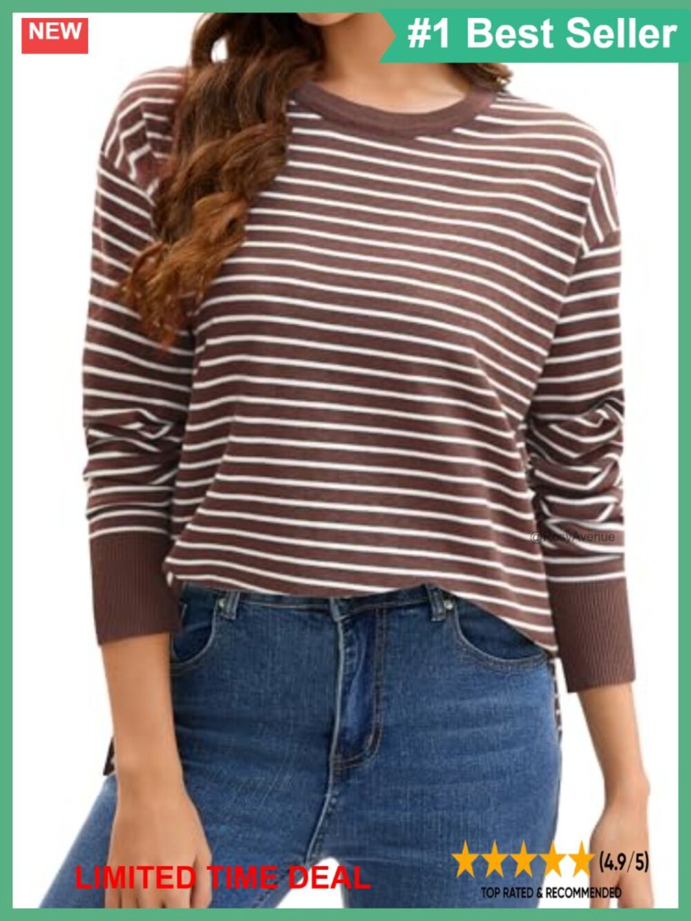 Striped Ribbed Knit Pullover Sweater Side Slits Crew Neck Loose Fit